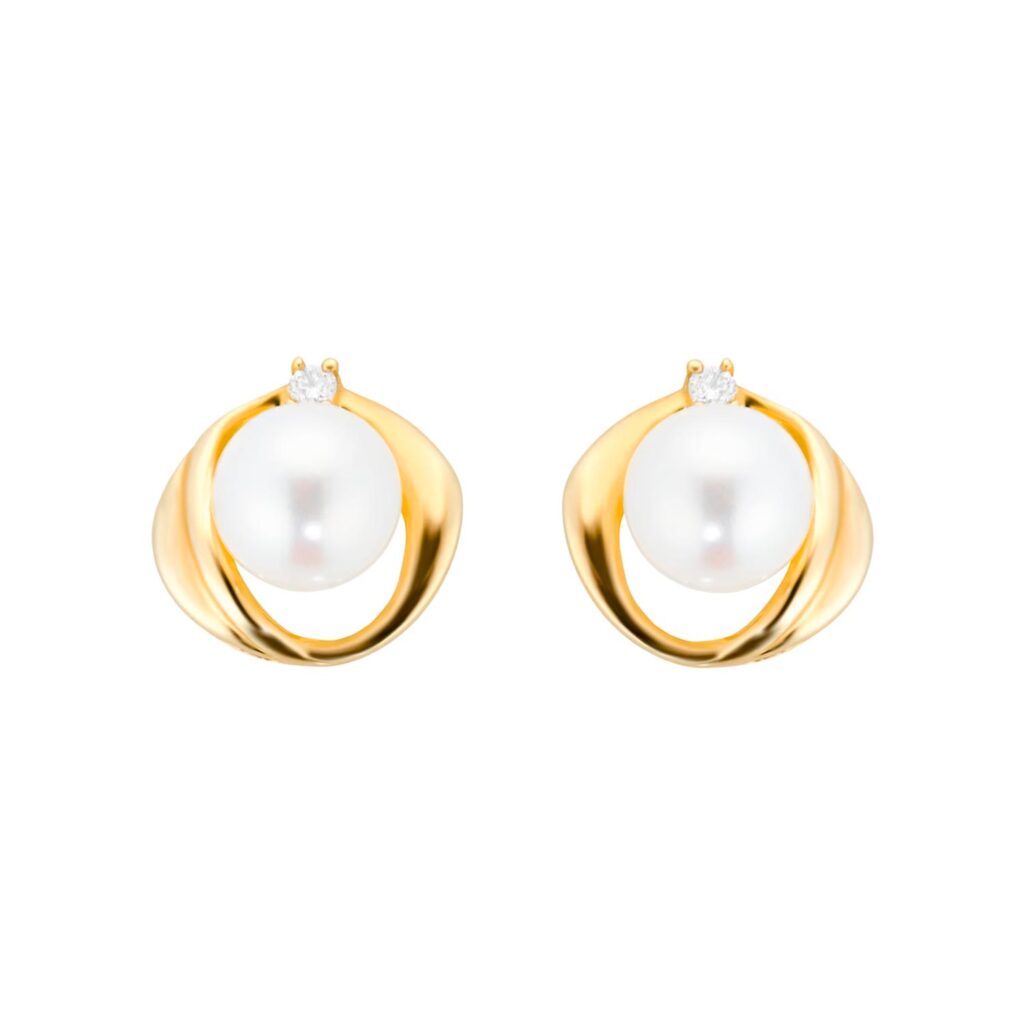 9ct Yellow Gold Fluid Pearl 0.04ct Stud Earrings